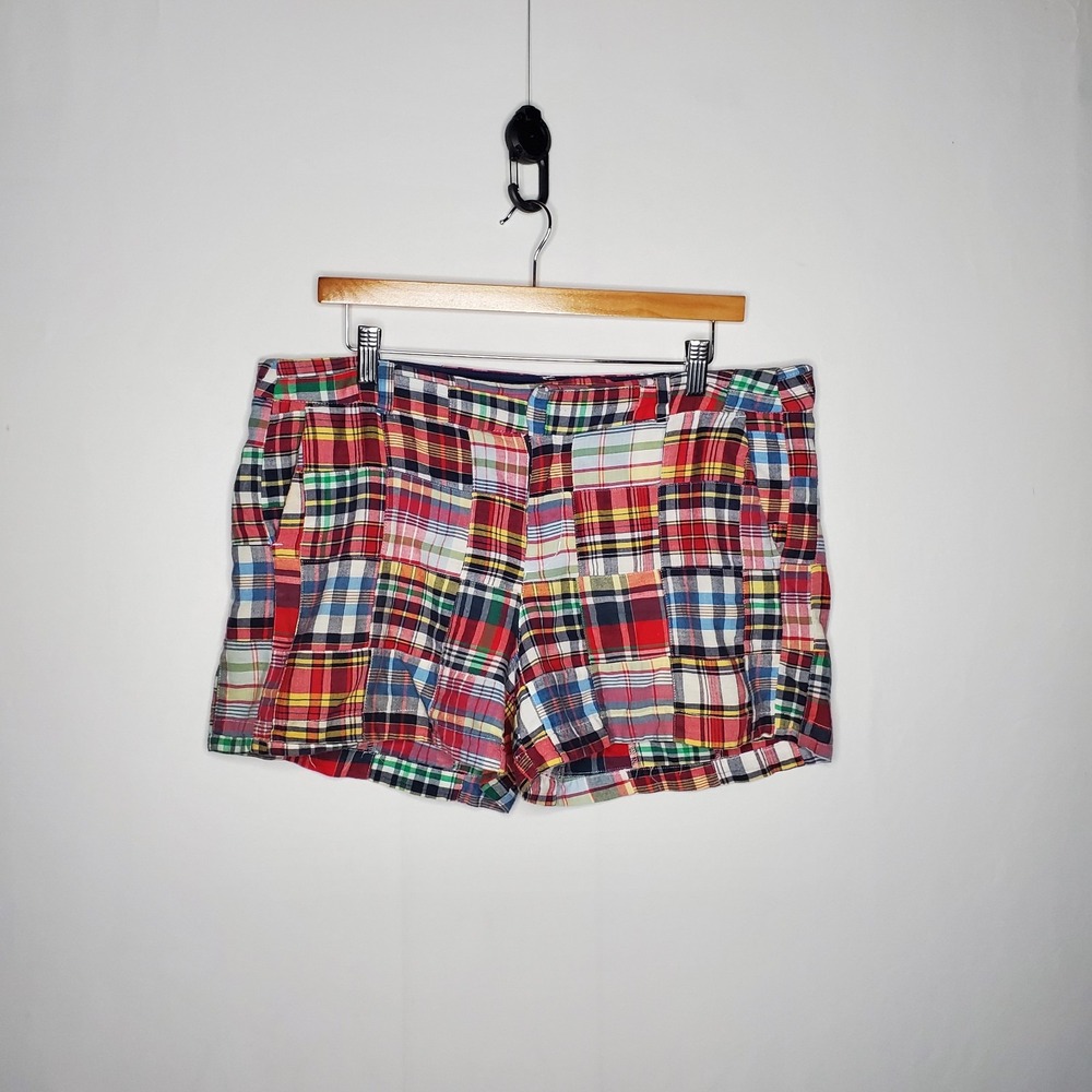 British Khaki Madras Patchwork Plaid Shorts Women 8 Primary Preppy Old Money 00s